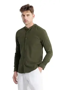 SNITCH Mandarin Neckline Mandarin Collar Textured Slim Fit Shirt Olive