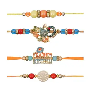 Jewelgenics Men's Rakhi Set of 4 Combo Krishna, Peacock, Moti Beaded Rakhi with Roli & Chawal Rakshabandhan for Brother