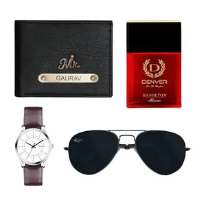 The Wallet Store Personalized Classic Man Wallet Sunglass Watch & Perfume Hamper, Best Gift Set for Men, with Free Personalized Occasional Greeting Card (Black)