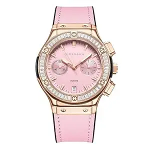 Giordano Analog Watch for Women – Round Dial, Leather Strap, Crystal-Studded Bezel with Quartz Movement