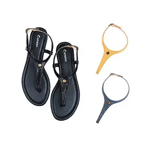 Cameleo -changes with You! Women's Plural T-Strap Slingback Flat Sandals | 3-in-1 Interchangeable Strap Set | Black-Leather-Yellow-Dark-Blue