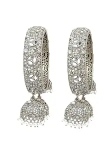 Femmibella Set Of 2 Silver Plated Mirror Studded Jhumki Latkan Bangle Set For Women and Girls