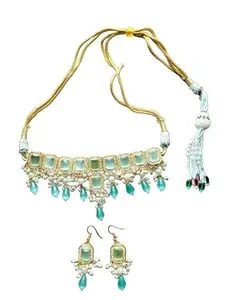 Monalisha Traditional Choker Necklace Set with Turquoise Beads, Gold-Toned, Pearl Accents