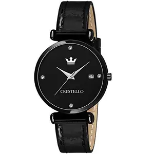 CRESTELLO L105-BLACK Black Leather Strap Analog Wrist Watch for Women