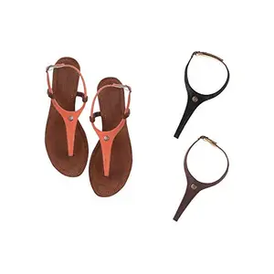 Cameleo -changes with You! Women's Plural T-Strap Slingback Flat Sandals | 3-in-1 Interchangeable Leather Strap Set | Orange-Black-Brown