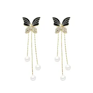 MEENAZ Earrings For Women & Girls Stylish | Butterfly Long Chain Western Korean Earrings Set for Women Pearl Moti Accessories Aesthetic | Fashion American Diamond AD CZ Gold Stud earinging 58