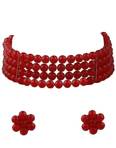 ANURADHA PLUS® Red Colour Gold Plated Traditional Pearl Beaded Stylish Moti Choker Necklace Jewellery Set | Choker Necklace Set |Necklace with Stud Earrings for Women & Girls (Red)