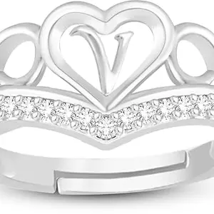 ValentineRingHeartAlphabet'V'PromiseProposeEngagementWeddingAnniversary(HC370-CrownRosePackSilver(V) AlphabetRing(M:01))