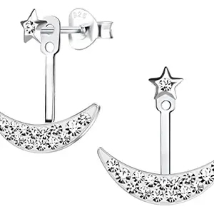 Via Mazzini 92.5-925 Sterling Silver Star And Moon Front Back Design Stud Earrings for Women And Girls Pure Silver (ER2031)