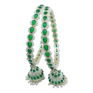 ACCESSHER Traditional Gold Plated Emerald Green Semi Precious Stone and Pearl Beads Embellished Bangles with Jhumka/Latkan for women and Girls Set of 2 (2.4)