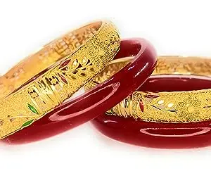 SBS Micro Plated Golden Brass Bangle & Red Color Seep Plastic Bangle Combo for Women and Girls (D-4, 2.6)