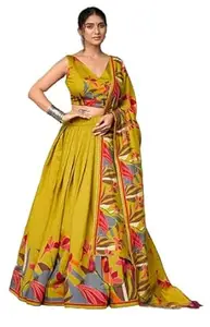 SRVESU Women's Trending Designeer Tussar Silk Lehenga Choli Print with Foil Work With Unstitched Blouse Patola Print Adorned with Foil Work For Navrati || Wedding || Festival (1216 YELLOW)