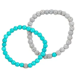 RRJEWELZ Grey lava & turquoise 8mm Round Smooth beads Long Distance Couples Love Friendship Combo Bracelet Set - Couples Relationship 7.5 inch Stretchable Bracelets set|RR_CPBR_129_7.5