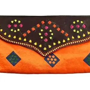 Orange Gujrati Mashru Silk Wallet Leather Flap