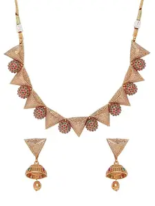 Griiham Premium Gold Finish Trending Triangle design Short All occasions Necklace Set with red 4859N