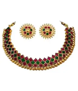 Sattyaki Antique Gold-Plated Traditional Square Ruby Imitation Stone Necklace Temple Bridal Jewellery Choker with Beautiful Earrings for Women & Girls.