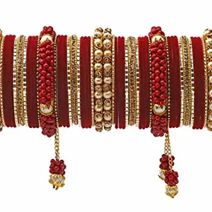 Rijoli- Elegant Non-Precious Metal Alloy Zircon Gemstone and Pearl studded Golden kada with velvet stylish latkan Bangle Set for Women and Girls-(Pack of 50)