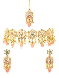 Karatcart Women Gold Plated Peach Meena And Tumble Studded Kundan Necklace Set
