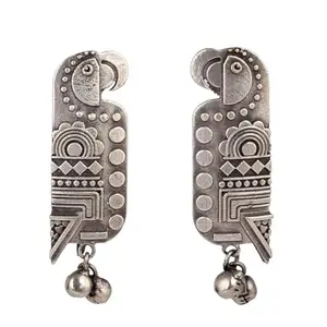 El Regalo Oxidized Bird Ghungroo Stud Earrings- Silver Lookalike Parrot Bird Handcrafted Statement Earrings