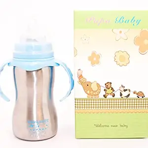 Stainless Steel 2 in 1 290ml Sky Blue Smooth Baby Feeder Bottles. Featuring a Unique Nipple Design That Allows Baby to Control The Flow Rate for Colic-Free Feeding.