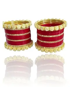 SGN FASHION Red and Golden Short Chuda Bangles – Stone Bengali Chuda Set for Festivals, Parties, and Wedding Celebrations | Size - 2.6 | Color - Red and Gold