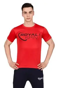 ROYAL SPIN Men's Polyester Lycra Half Sleeve Round Neck Strachable Casual Big Logo T- Shirt for Men's (Color:Red, Size: XL)