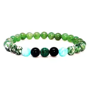 RRJEWELZ Unisex Bracelet 8mm Natural Gemstone Green Aventurine, Green Spot Amazonite, Black Agate & Malachite Round shape Smooth cut beads 7 inch stretchable bracelet for men & women. | STBR_03742