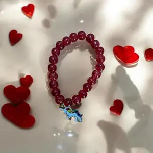Red Glass Bead Bracelet with Blue Unicorn Charm, Elastic Stretch Band