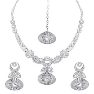 I Jewels Ethnic Oxidised Silver Handcrafted Rajsthani Necklace Set with Earrings & Maang Tikka for Women (M4100S)