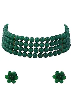Anuradha PLUS® Jewellery Green Colour Traditional Choker Necklace Set | Moti Necklace For Women | Choker Necklace With Earrings