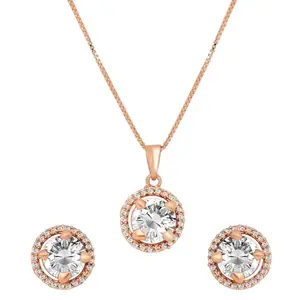 I Jewels Latest Stylish CZ American Diamond Teardrop Pendant Necklace & Earrings Set For Women (rose gold)