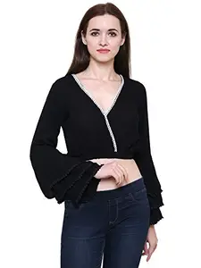 Aditii's Mantra Women's Black Cropped Lace Work Drawstring Crop Top Solid V-Neck Long Bell Sleeve T-Shirt (Medium)