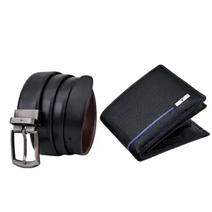 URBAN FOREST Spike Black/Blue Leather Wallet & Black/Brown Reversible Leather Belt Combo Gift Set for Men