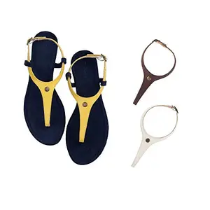 Cameleo -changes with You! Women's Plural T-Strap Slingback Flat Sandals | 3-in-1 Interchangeable Leather Strap Set | Yellow-Brown-White