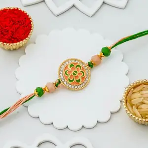 eCraftIndia Beautiful Green Orange Flower Designer Rakhi for Brother | Raksha Bandhan Rakhi for Bhaiya Bhabhi Bhai Kids | Roli Chawal Pack