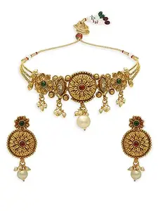 fabula Jewellery Antique Gold Tone Ethnic Choker Necklace Set with Drop Earrings Red & Green Kempu Stone For Women & Girls Stylish Latest (NEJR12_AFR1)