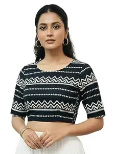 Yash Gallery Women’s Premium Fabric Printed Ready-to-Wear Elbow Sleeve Blouse for Saree | Soft Stretchable Fabric | Stylish Ethnic Crop Top Blouse with Both Side Elastic