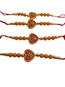 Traditional Rakhi with Rudraksha and Beads, Set of 4, Religious Thread for Brother With Roli and Chawal (Retro)