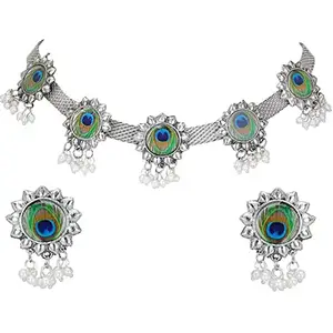 Vembley Oxidized Silver Base Metal Peacock Choker Necklace Set for Women/Girls