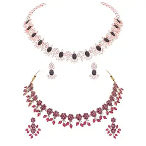 Combo of Gold & Rosegold With Atteched Crystal AD Studded Stone Choker Necklace Jewellery set with Matching Pair of Earrings for Women - Gift for loved ones(AB_Lotus-RG-Black & ATS-MG-Darkpink)