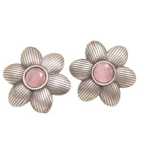 Navraee Silver Oxidised Flower Pattern With Round Stone Studs-Pink