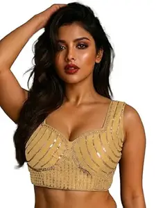 TRENDMALLS Women's Dhupion Silk Embroidery Sequence Work Sweet Heart Neck Sleeveless Blouse Choli Stylish Saree Blouse Ready to Wear Free Size