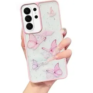 VONZEE for Samsung Galaxy S26 Ultra Clear Glitter Butterfly Case, Cute Bling Sparkle Shiny Soft Silicone TPU Bumper Shockproof Women Girls Slim Protective Phone Cover, Pink