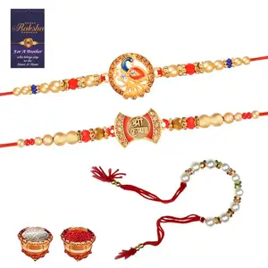 De Marquis Bhaiya Bhabhi Rakhi Set With Roli Chawal and Greeting Card For Rakshabandhan | Rakshasutra For Brother/Sister | Bhaiya Rakhee | Bhabhi Rakhee | Pack of 2 Rakshasutra and 1 Lumba Rakhi