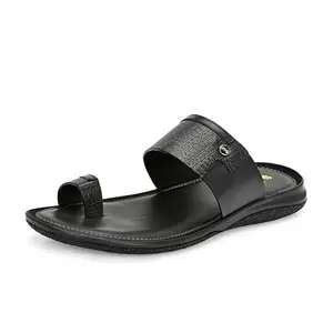 HITZ Men's Black Leather Casual Toe Ring Slippers