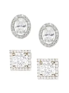 OOMPH Jewellery Combo of 2 Silver Cubic Zirconia Oval & Square Solitaire Ear Stud Earrings for Women & Girls Stylish Latest (EPT14-EPT7_Z)- For Women & Girls Stylish Latest