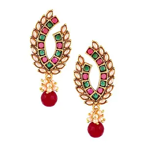 Zivom® Dual Crescent 22 K Gold Plated Maroon Green Pearl Stud Earring For Women