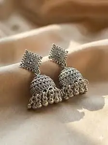 1 LOOK Traditional Oxidised Jhumka Earrings, German Design, Square Stud with Dome and Bead Danglers, 5 cm Length, 2 Pieces