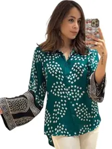 Zans & mens Women's Printed Shirt, Long Sleeve, Embroidered Cuffs, Collared Neck, Casual Ethnic Wear (in, Alpha, 2XL, Regular, Purpal-Bandhni)
