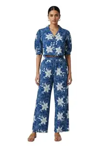 Women's Floral Print Two-Piece Set, Puff Sleeve Top with Wide-Leg Pants cord set (Blue)